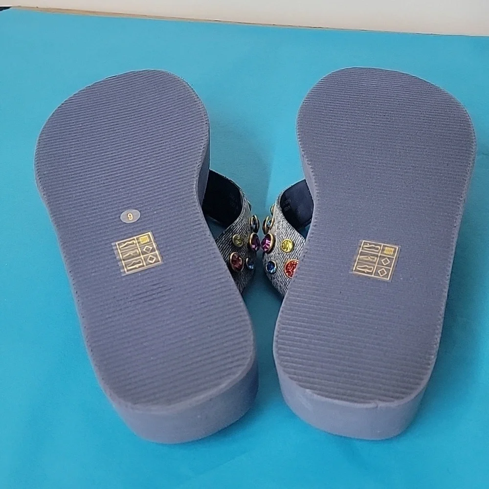 Jeffrey Campbell ICONICS Flip Flop In Blue Denim Multi Color Gemstones Size 9 - Picture 10 of 10